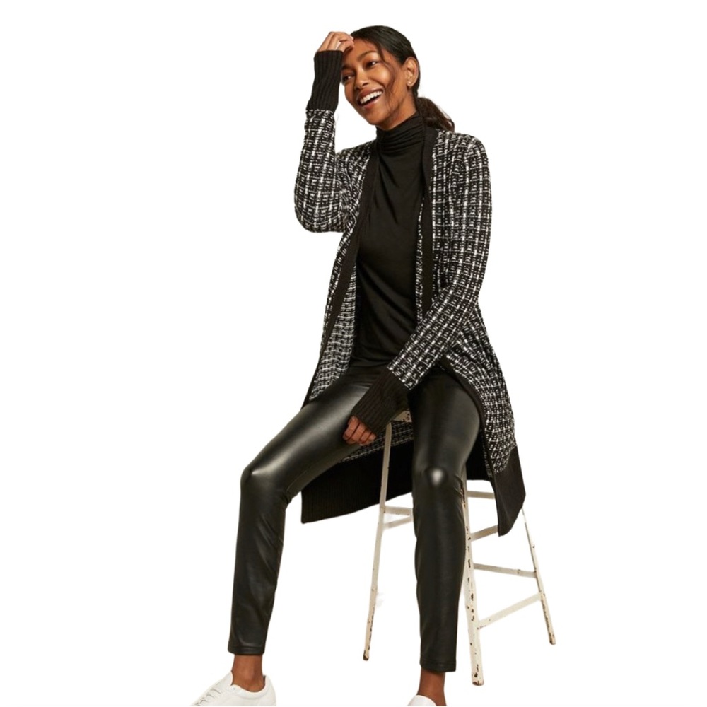 RW&Co. Open-Front Black White Plaid Effect Long Cardigan size S
